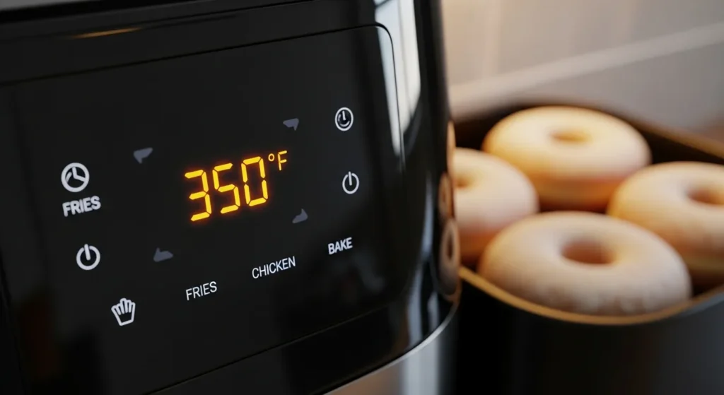 Air fryer digital display set to 350 degrees with donuts baking inside.