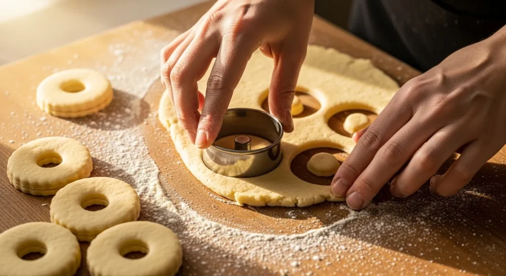 Cutting donut shapes from biscuit dough on a wooden surface with soft lighting.