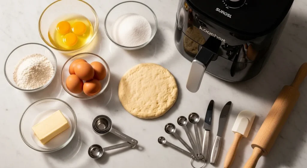 Premium ingredients and tools for air fryer donuts arranged on a marble countertop.