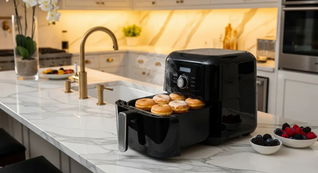 A kitchen with air fryer baking golden donuts inside with soft lighting.