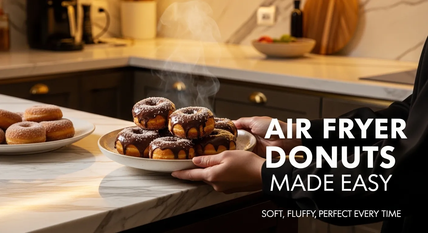 Person holding a plate of golden air fryer donuts with chocolate glaze and sugar coating in a luxury kitchen.