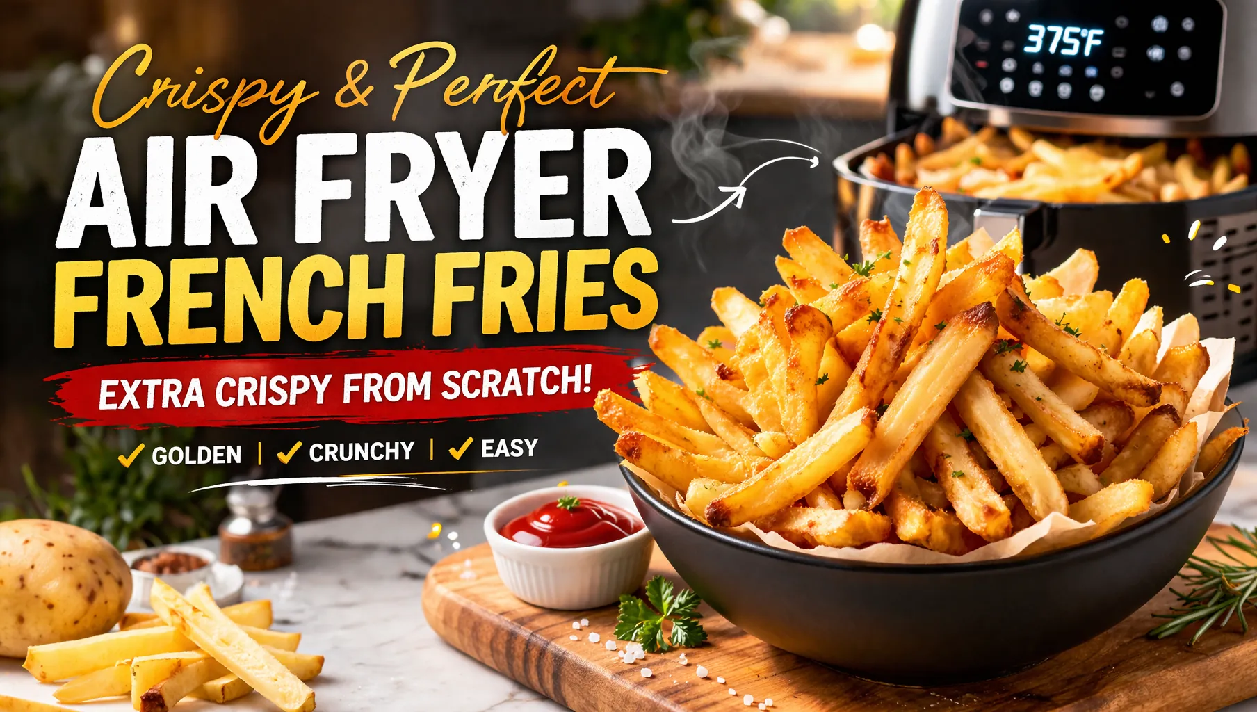 Bowl of golden crispy air fryer French fries with steam rising in a modern kitchen setting and bold recipe text overlay.