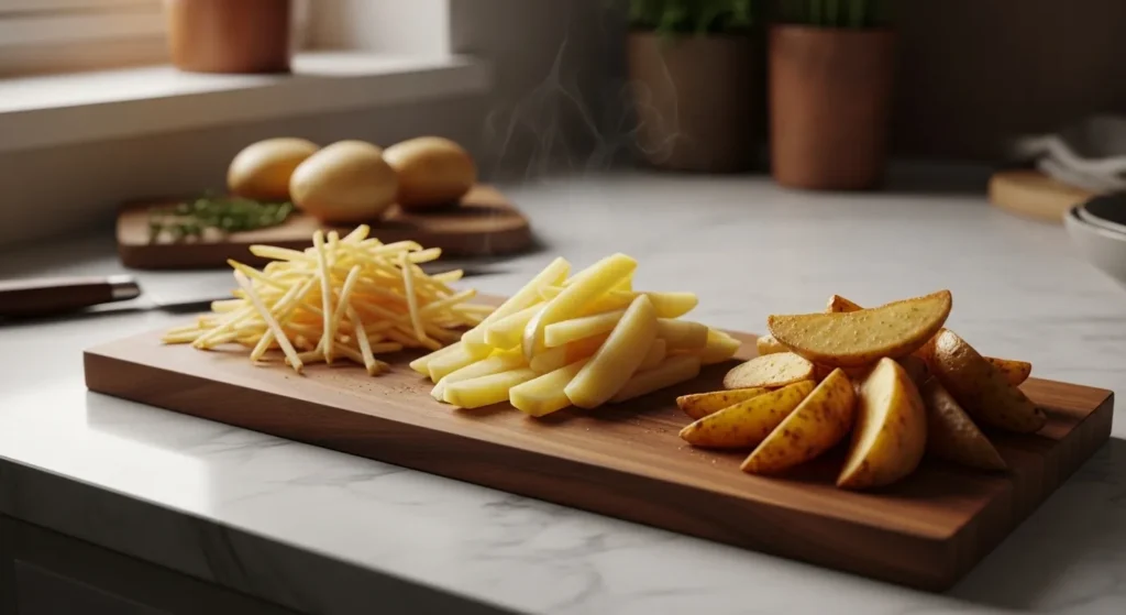 Thin fries, thick fries, and potato wedges displayed on a wooden board in a modern kitchen.
