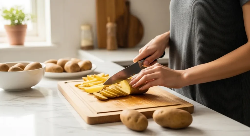 Woman slicing potatoes into evenly sized fries on a cutting board in a modern kitchen.