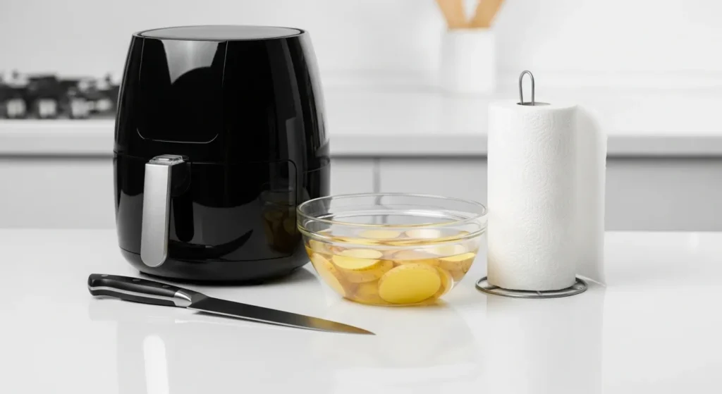 Air fryer, knife, bowl with soaking potatoes, and paper towels arranged on a clean kitchen counter.