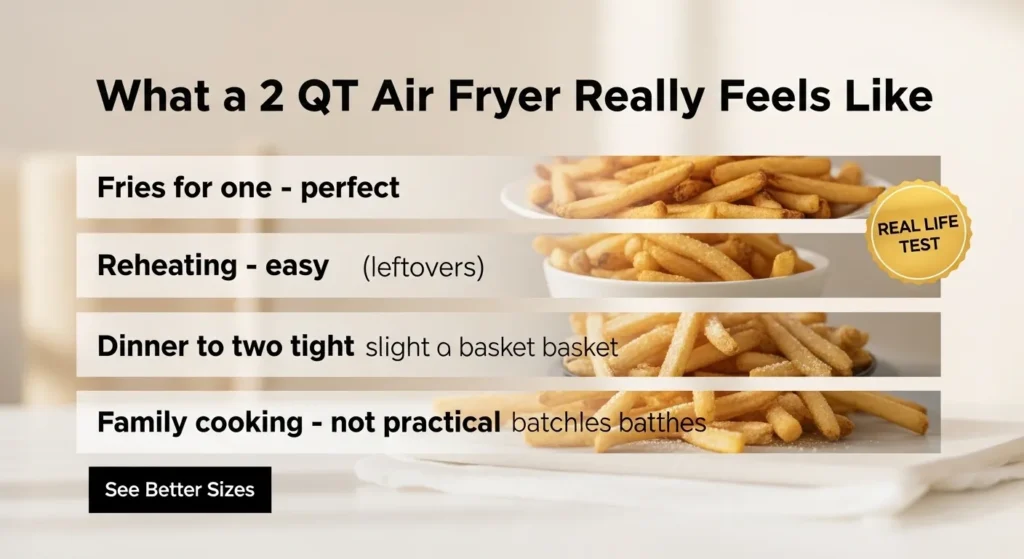 Visual showing real use of 2QT air fryer from small portions to overcrowded basket for family cooking