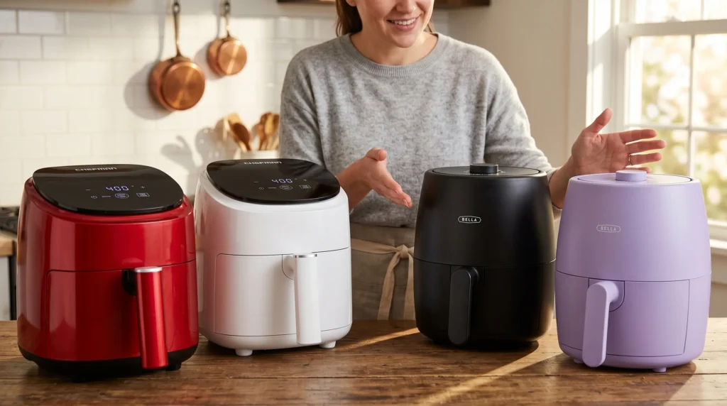 Four 2 QT Air Fryer person showing them on a kitchen table. 