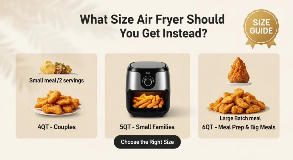 Side-by-side air fryer sizes 4QT 5QT 6QT with increasing food portions for different needs