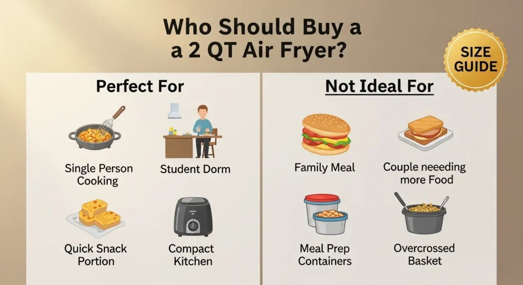 Split image showing single person satisfied with small meal vs family disappointed with tiny air fryer portion