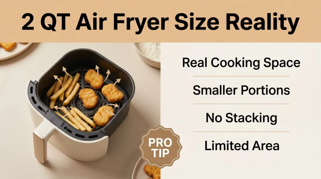 Small 2QT air fryer basket with minimal fries and empty space showing limited cooking capacity