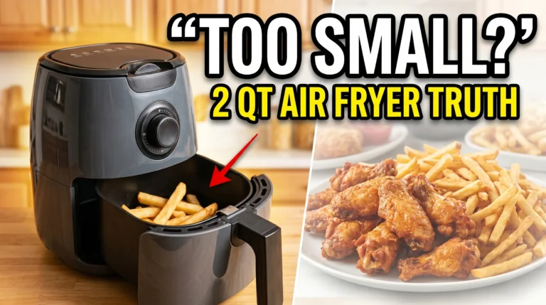 Small 2 QT air fryer with a tiny portion of fries shown inside, highlighting limited cooking space with bold text “Too Small? 2 QT Air Fryer Truth” for comparison and size awareness