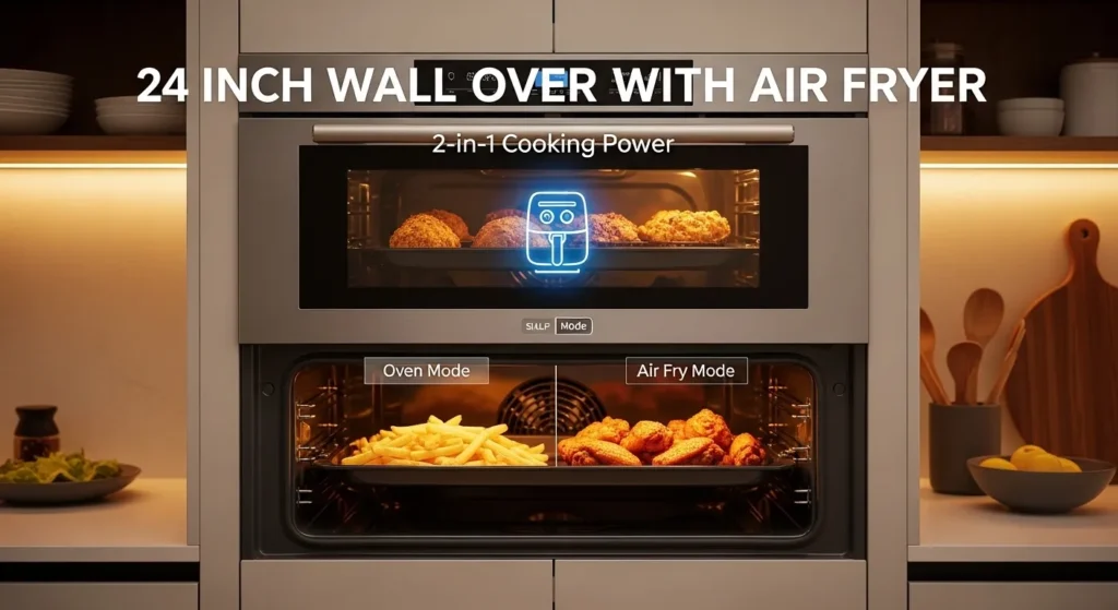 Built-in 24-inch wall oven showing air fry mode with roasted food and crispy air-fried items demonstrating dual cooking functionality