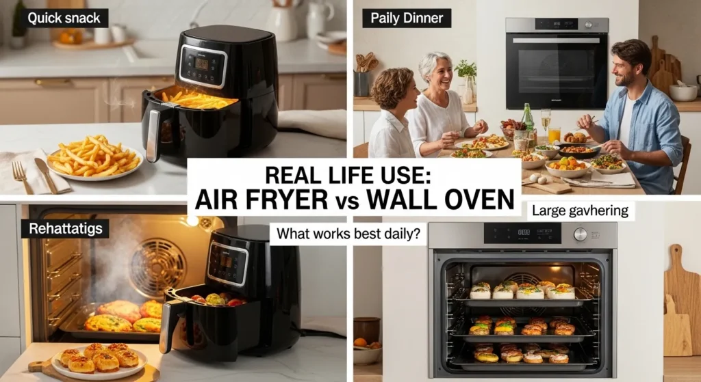 Four-scene comparison of air fryer and wall oven in daily use showing snacks, family dinners, reheating food, and large gatherings