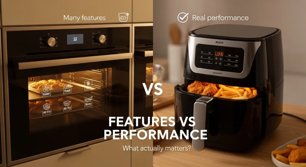 Comparison showing wall oven with multiple cooking modes versus air fryer producing crisp food, highlighting difference between features and real cooking performance