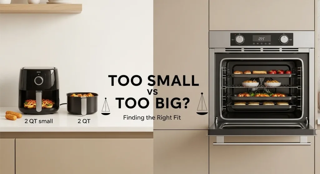 Comparison between a small 2 QT air fryer showing limited meal capacity and a large wall oven showing oversized cooking space for quick meals