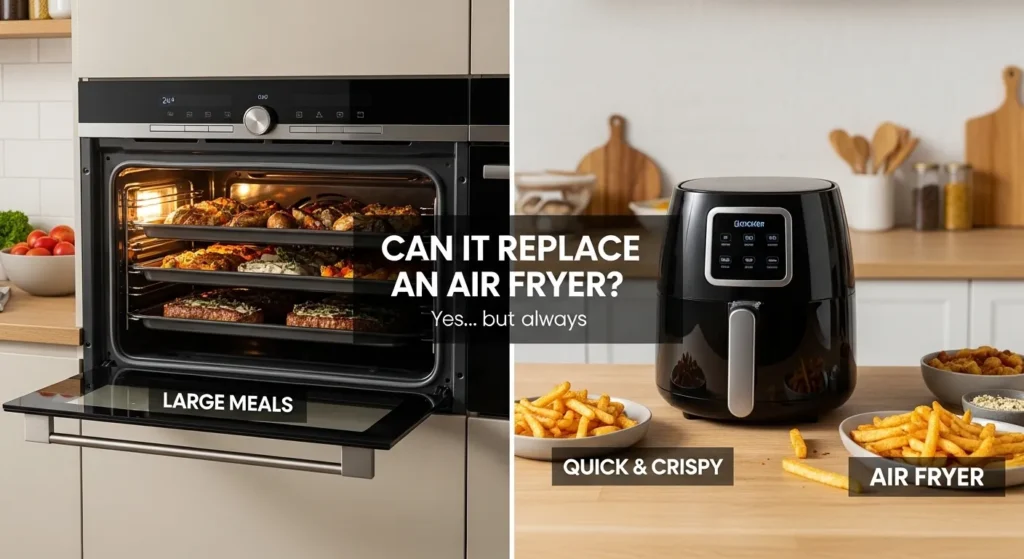 Horizontal 16:9 blog header image, clean modern kitchen comparison. Split layout: left side shows a sleek 24-inch built-in wall oven with air fry mode glowing, filled with large trays of roasted food for family cooking. Right side shows a compact air fryer with crispy golden fries and small quick meal portions. Add clear visual contrast labels: “LARGE MEALS” on oven side and “QUICK & CRISPY” on air fryer side. Center bold headline text: “CAN IT REPLACE AN AIR FRYER?” with smaller subtitle: “Yes… but not always”. Use warm golden kitchen lighting, beige and stainless steel tones, minimal premium aesthetic, strong visual clarity for blog hero image.