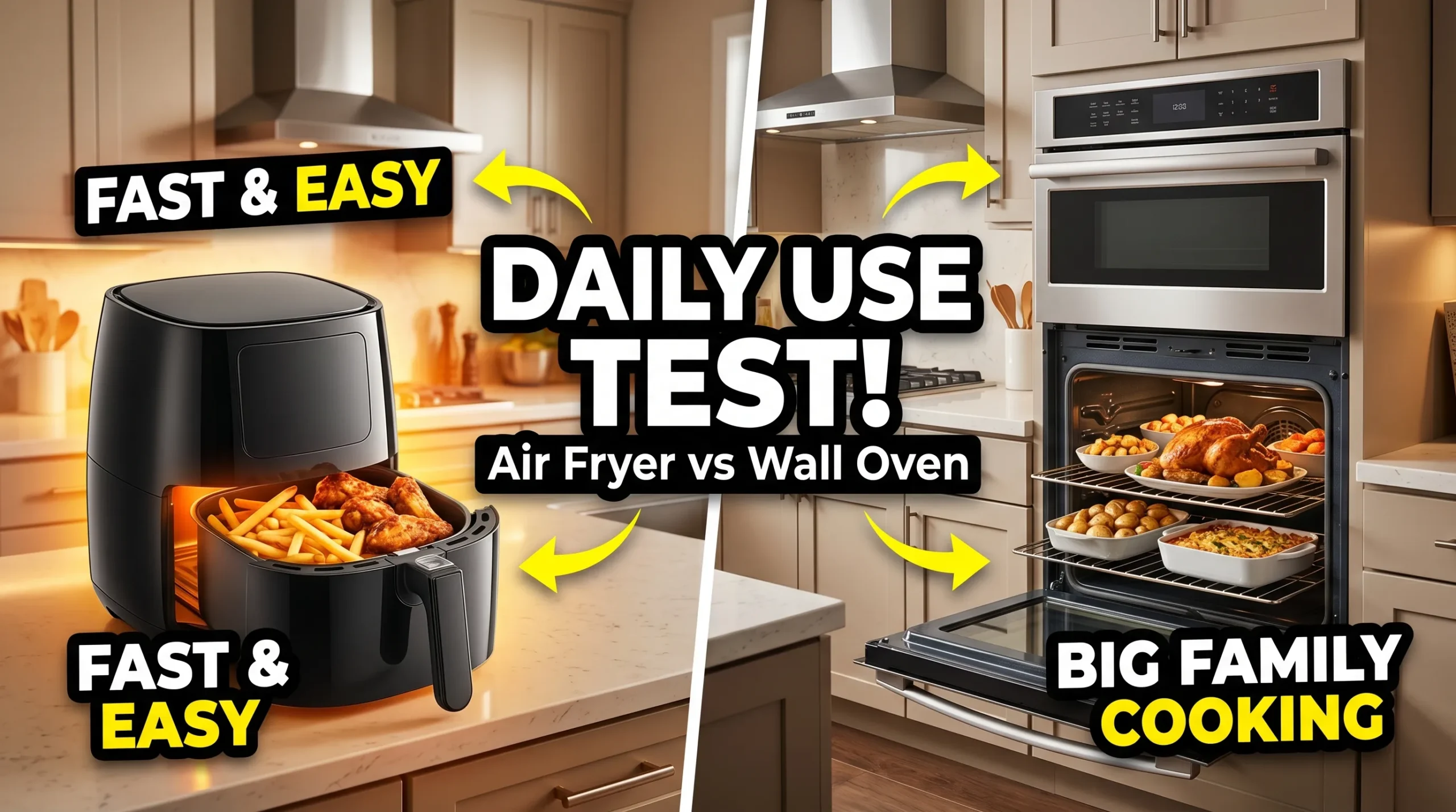 Side-by-side comparison of air fryer making quick crispy snacks and wall oven cooking large family meals in daily use scenarios