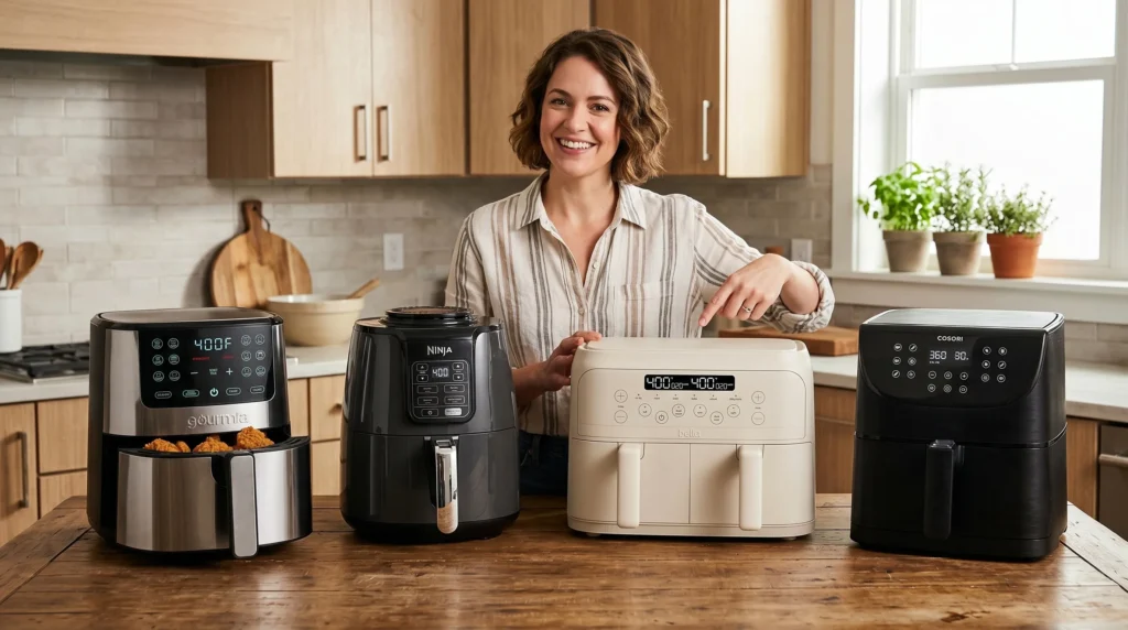 4 quart air fryer on a kitchen counter with fries inside the basket and a person preparing food in a bright home kitchen