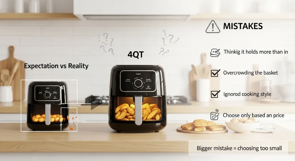 Common mistakes when choosing a 4 quart air fryer, showing issues like overcrowding, wrong expectations, and choosing based on price instead of cooking needs.