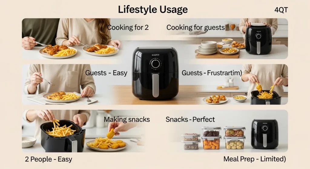 Real-life usage comparison of a 4 quart air fryer showing ease for two people, limitations for guests and meal prep, and ideal performance for snacks.