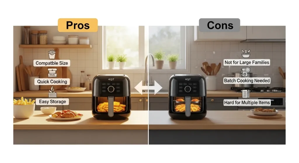 Pros and cons comparison of a 4 quart air fryer showing compact size, affordability, and quick cooking versus limited space and batch cooking needs.