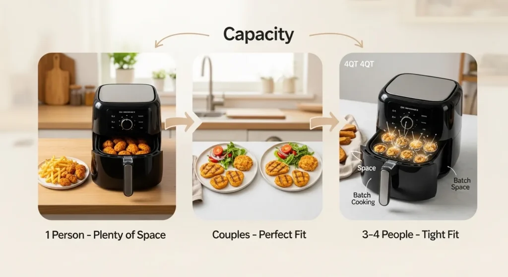 4 quart air fryer capacity comparison showing how many people it can serve from one person to couples and small families with meal portion examples.
