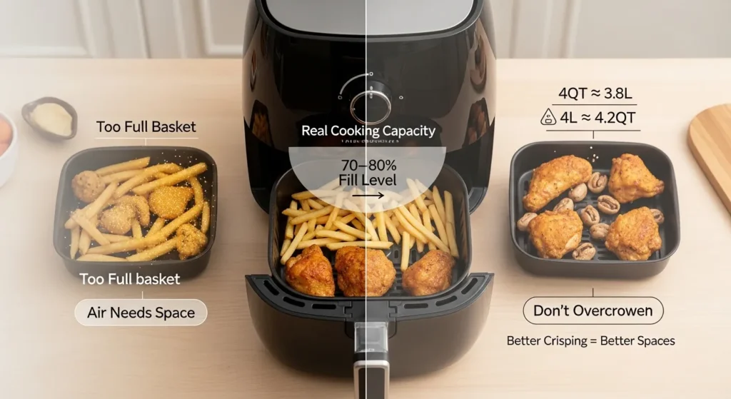 4 quart air fryer basket showing real cooking capacity with proper spacing for airflow and comparison to 4L size conversion in a modern kitchen infographic.