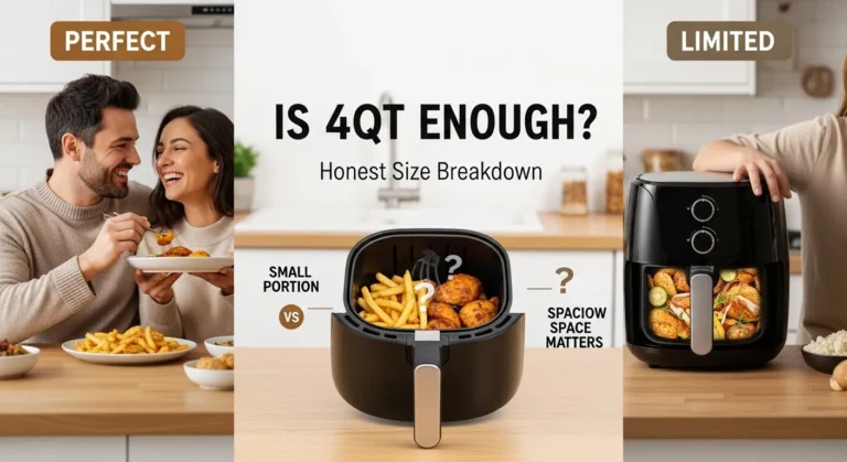 4QT air fryer comparison showing small meal capacity for 2 people versus limited space for larger meals with bold text “Is 4QT enough?”