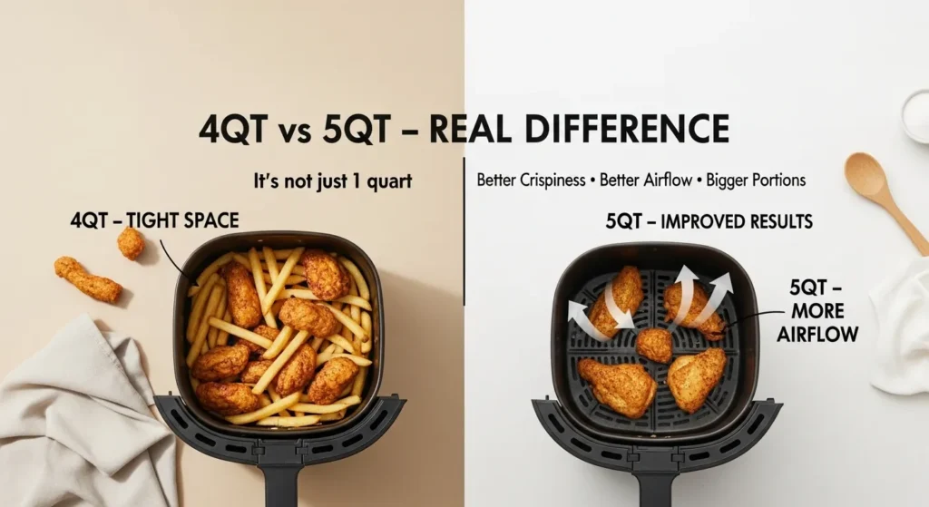 Comparison of 4QT and 5QT air fryers showing tighter cooking space in 4QT and improved airflow, crispiness, and portion size in 5QT