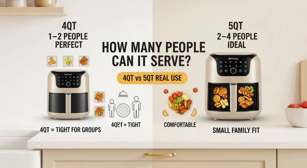 Comparison of 4QT and 5QT air fryer serving capacity showing 4QT suitable for 1–2 people and 5QT ideal for 2–4 people and small families
