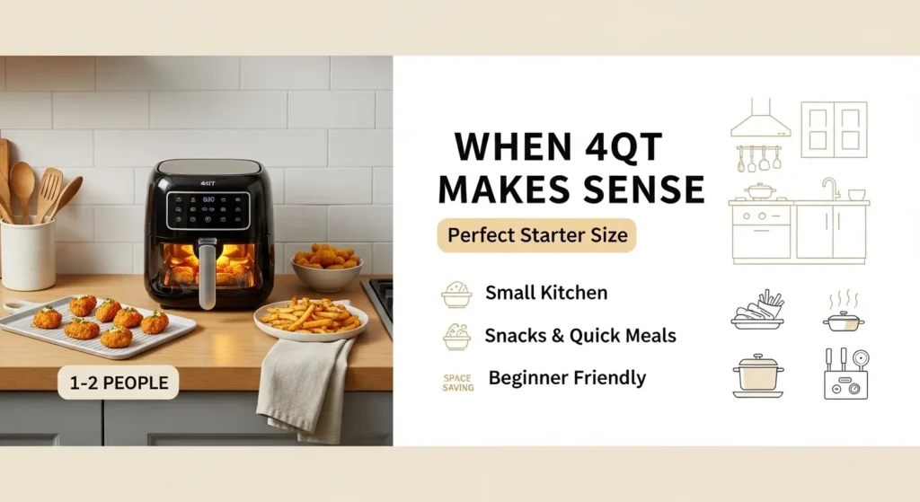 Compact 4QT air fryer shown in a small kitchen setup highlighting suitability for 1 to 2 people, snacks, and small meals as a starter size option