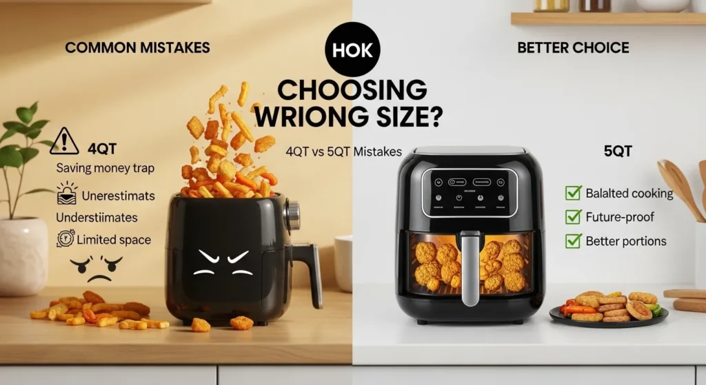Comparison showing mistakes when choosing a 4QT air fryer versus benefits of a 5QT model highlighting portion size, cooking needs, and long-term usability