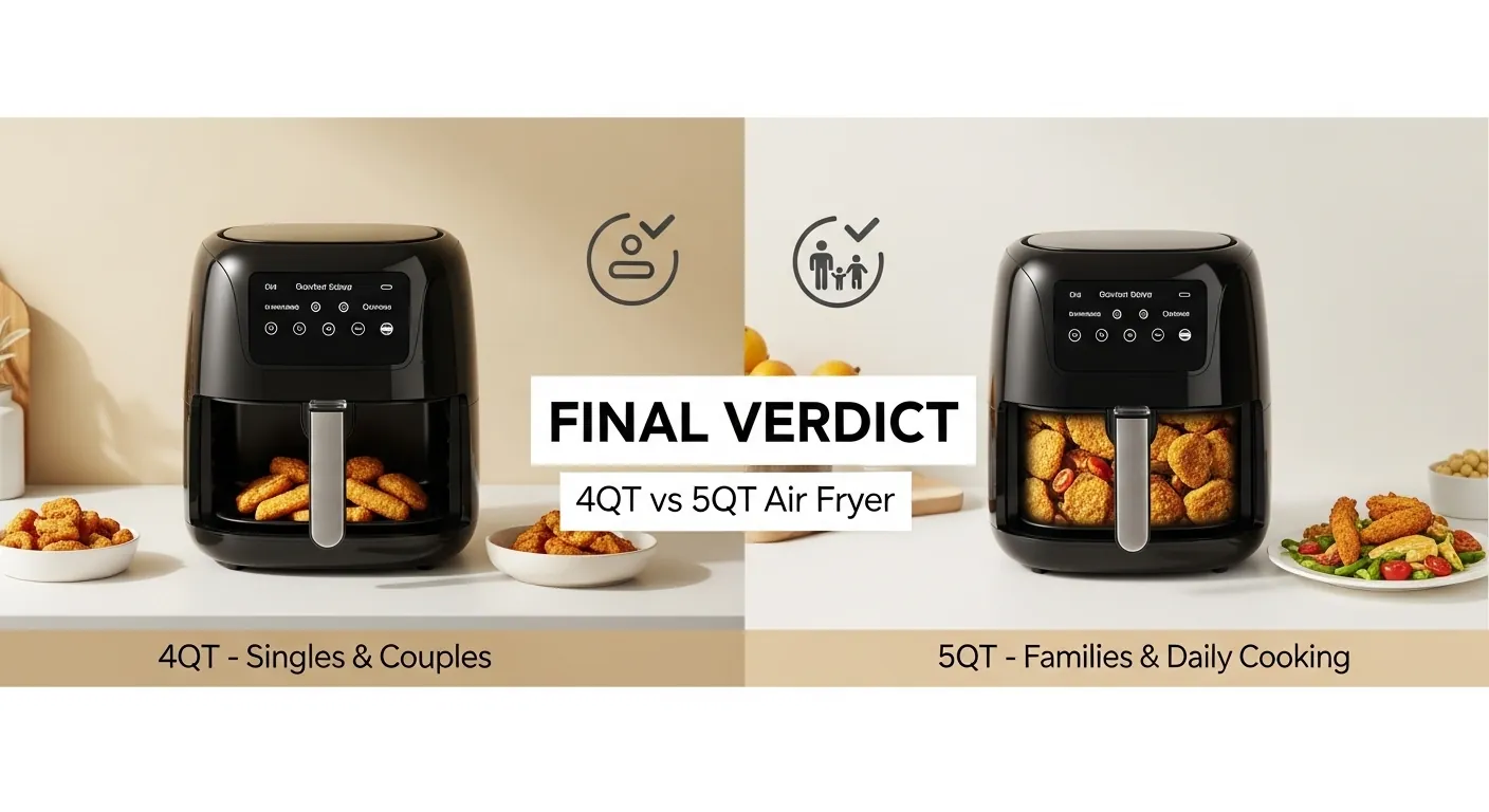 Final comparison of 4QT versus 5QT air fryer showing 4QT for singles and couples and 5QT for families and daily cooking needs