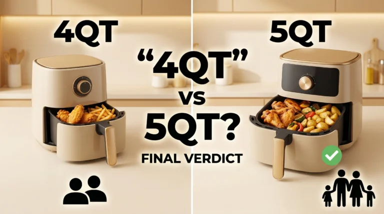 Side-by-side comparison of 4QT and 5QT air fryers showing smaller portion cooking for 4QT and larger family-friendly cooking capacity for 5QT with final verdict decision focus