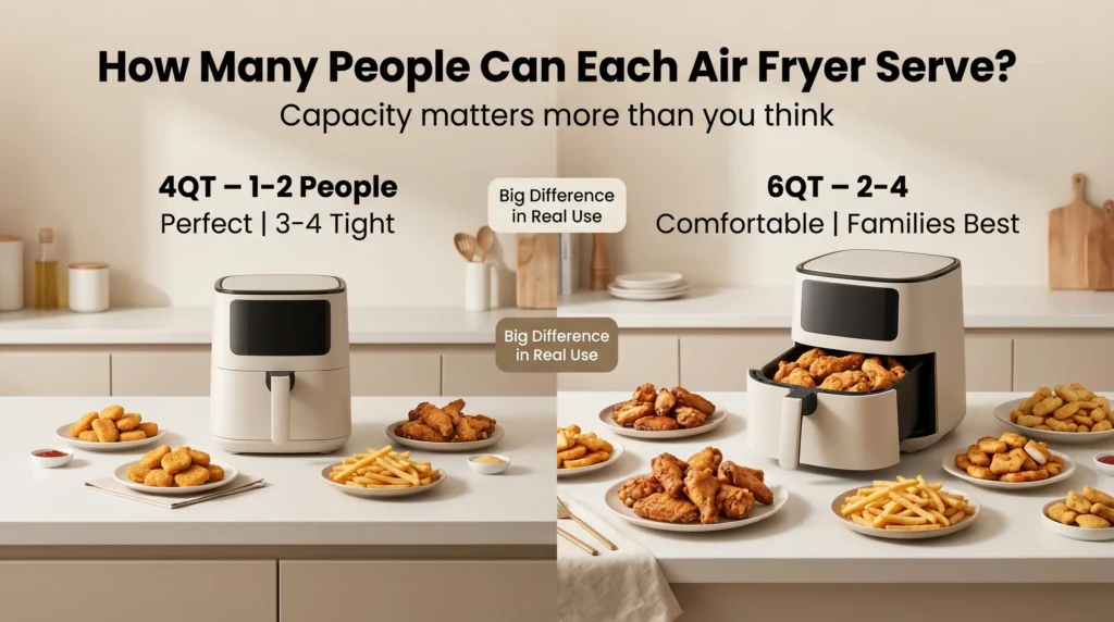 Serving capacity comparison showing 4QT air fryer for 1–2 people and 6QT air fryer for families and 3–4+ people.