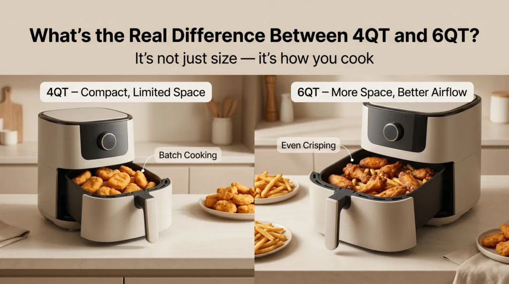 Comparison of 4QT, 5QT, and 6QT air fryers showing compact, balanced, and large cooking capacities on a modern kitchen counter.