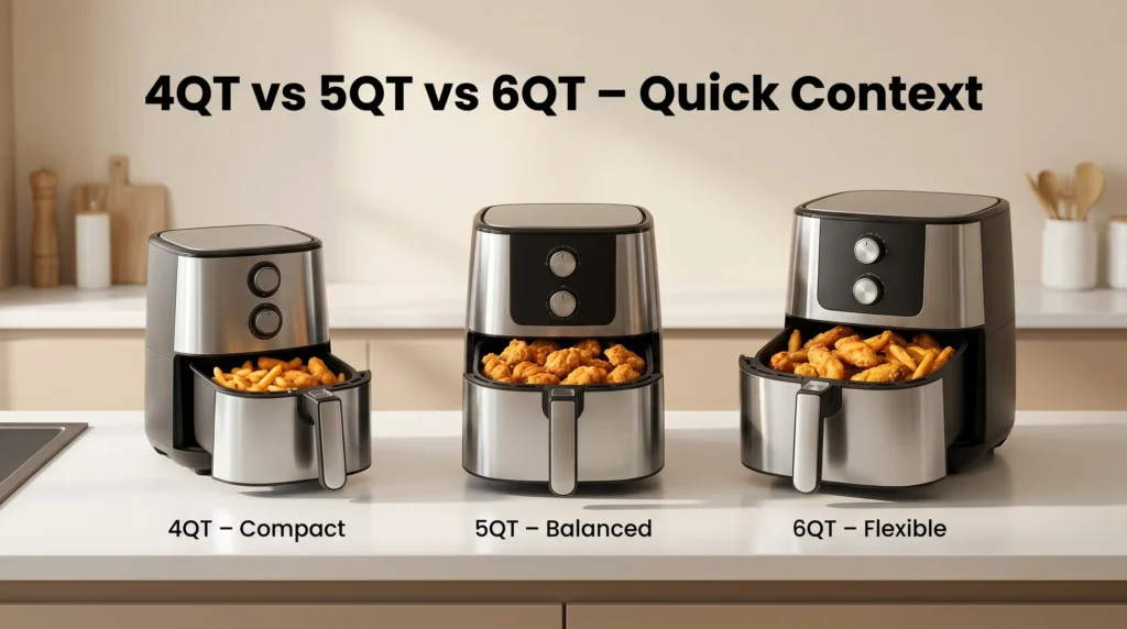 Comparison of 4QT, 5QT, and 6QT air fryers showing compact, balanced, and large cooking capacities on a modern kitchen counter.