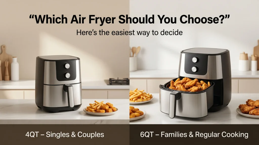 Simple decision comparison showing 4QT air fryer for singles and couples versus 6QT air fryer for families and regular cooking.