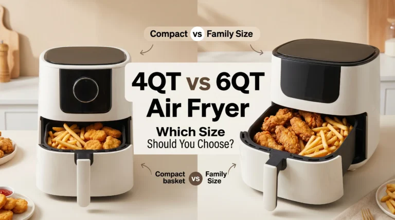 Side-by-side comparison of 4QT and 6QT air fryers showing compact cooking space versus larger family-sized capacity in a clean kitchen setting.
