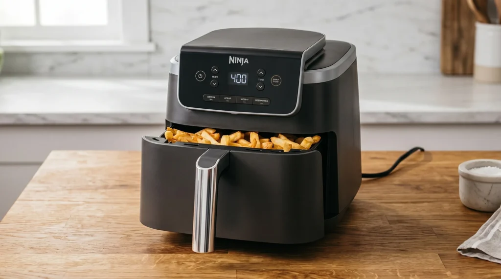 6 quart air fryer with a large batch of food cooking inside on a kitchen counter with bright natural lighting