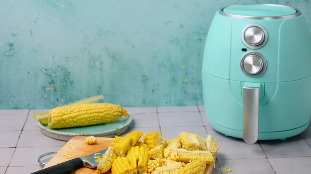 A aqua color air fryer on a table with corn.