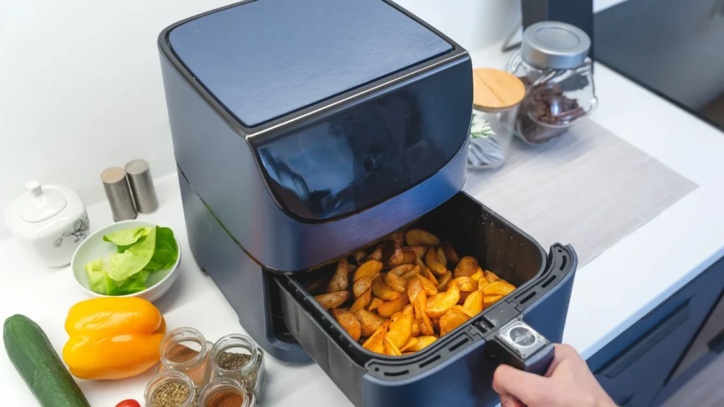 A person open air fryer placed on a table.