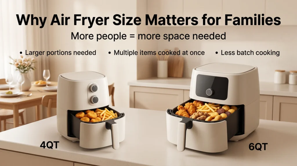 Family cooking scene comparing small and large air fryer sizes, showing limited space in a 4QT air fryer versus larger capacity in a 6QT air fryer for feeding multiple people.