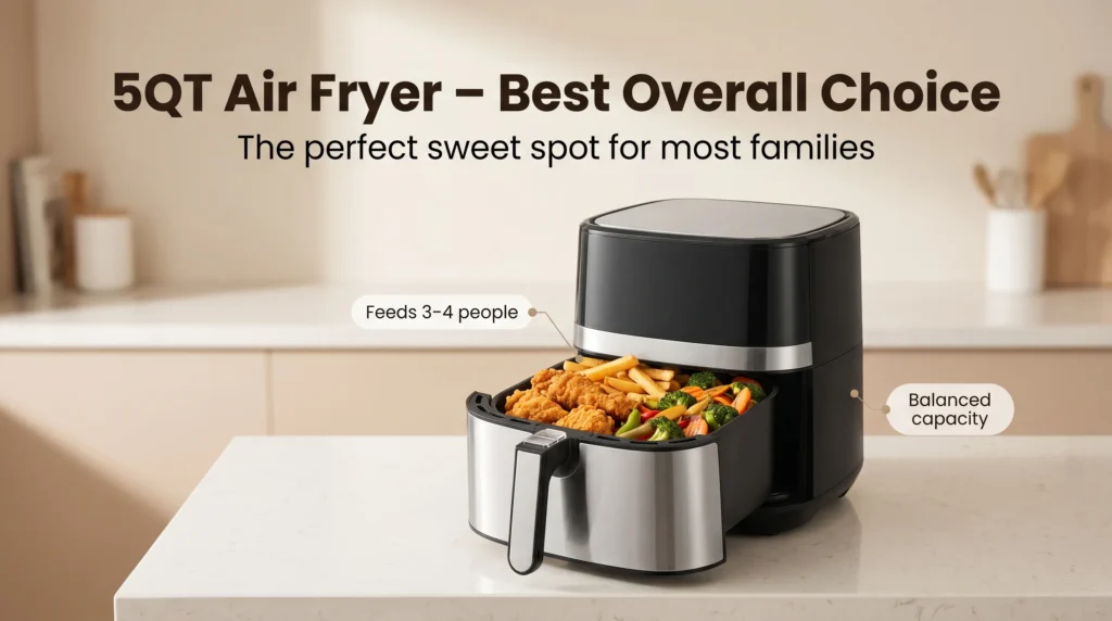 5QT air fryer shown as the best overall size with balanced portions of chicken, fries, and vegetables for a family meal.