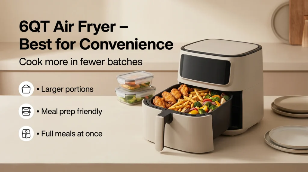 6QT air fryer filled with large portions of crispy food showing convenience for cooking full meals and meal prep in fewer batches.