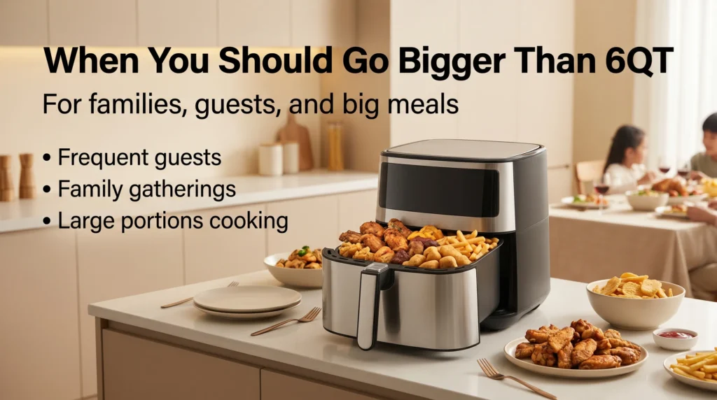 Large air fryer cooking a big batch of food in a modern kitchen, showing when going bigger than 6QT is needed for guests, family gatherings, and large meals.