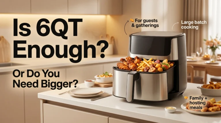 Large air fryer filled with food in a modern kitchen showing whether a 6QT size is enough or if a bigger air fryer is needed for guests and large meals.