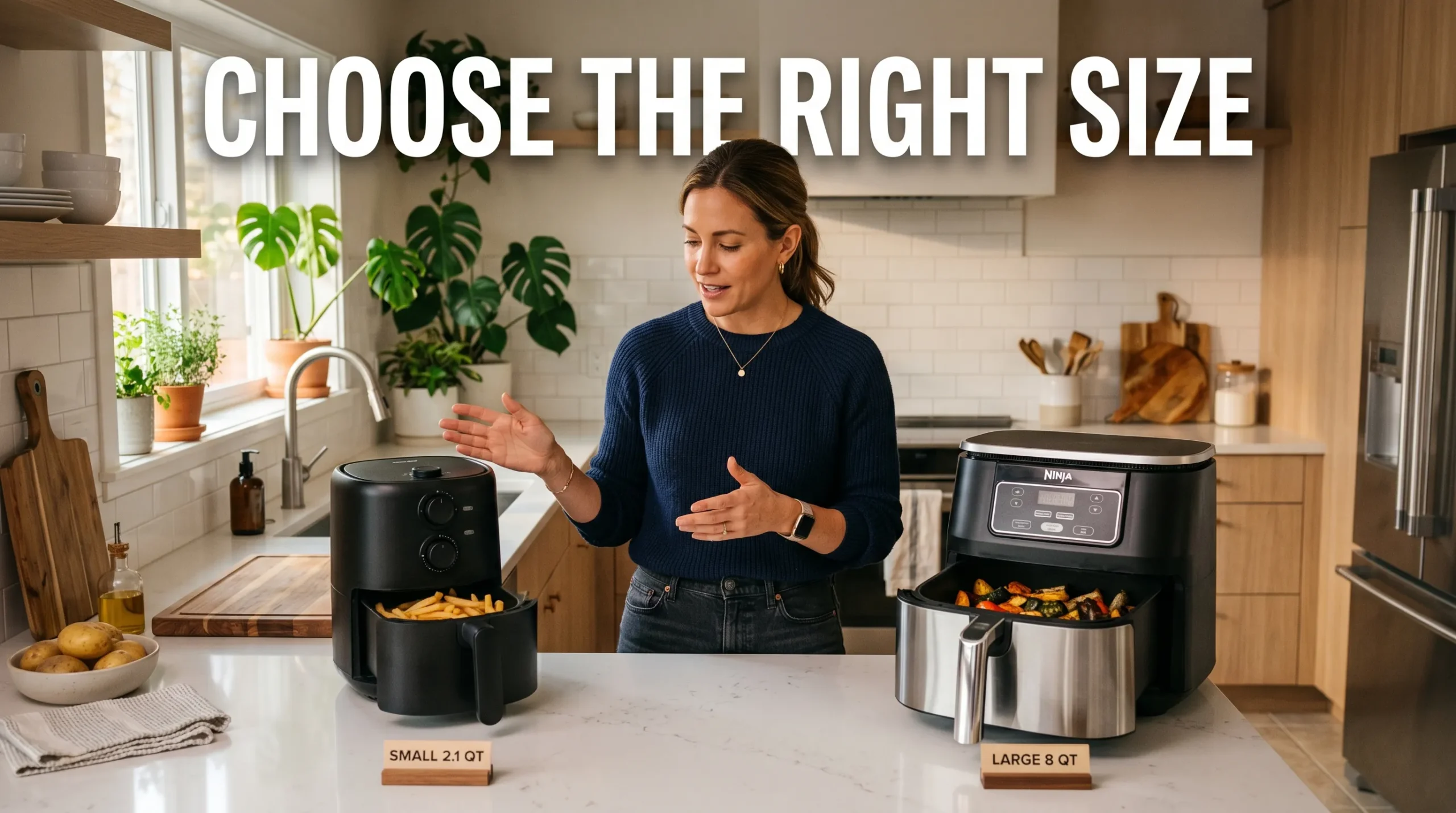 Person comparing small and large air fryers on a kitchen counter with “Choose the Right Size” text overlay.