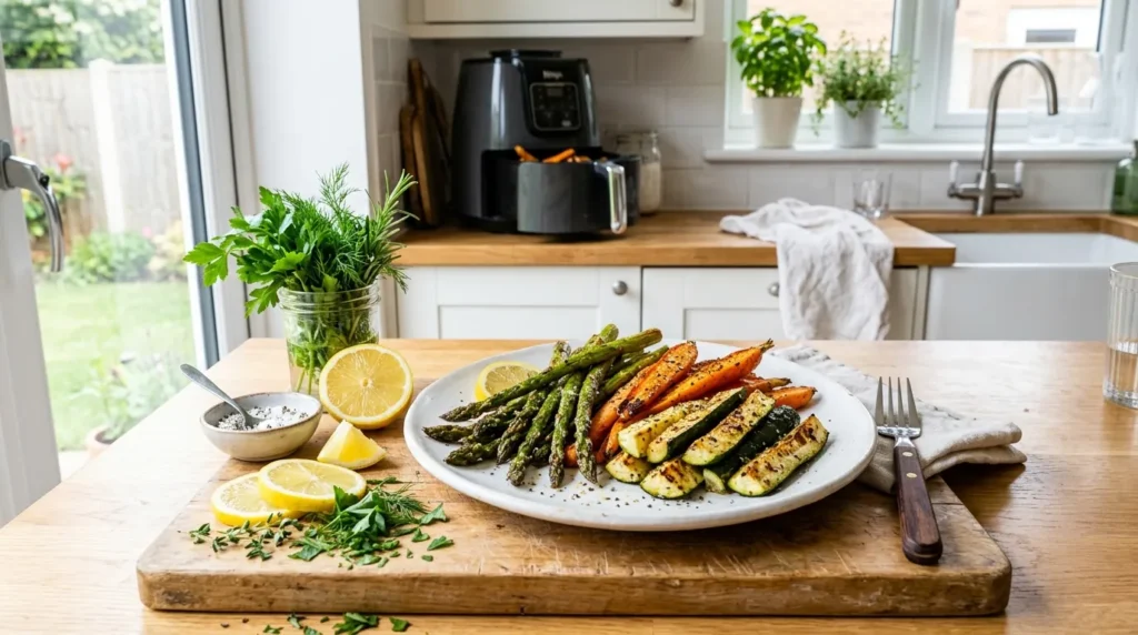 A bright kitchen scene with crispy air fryer asparagus, zucchini, and carrots on a plate, with fresh herbs and lemon slices nearby.