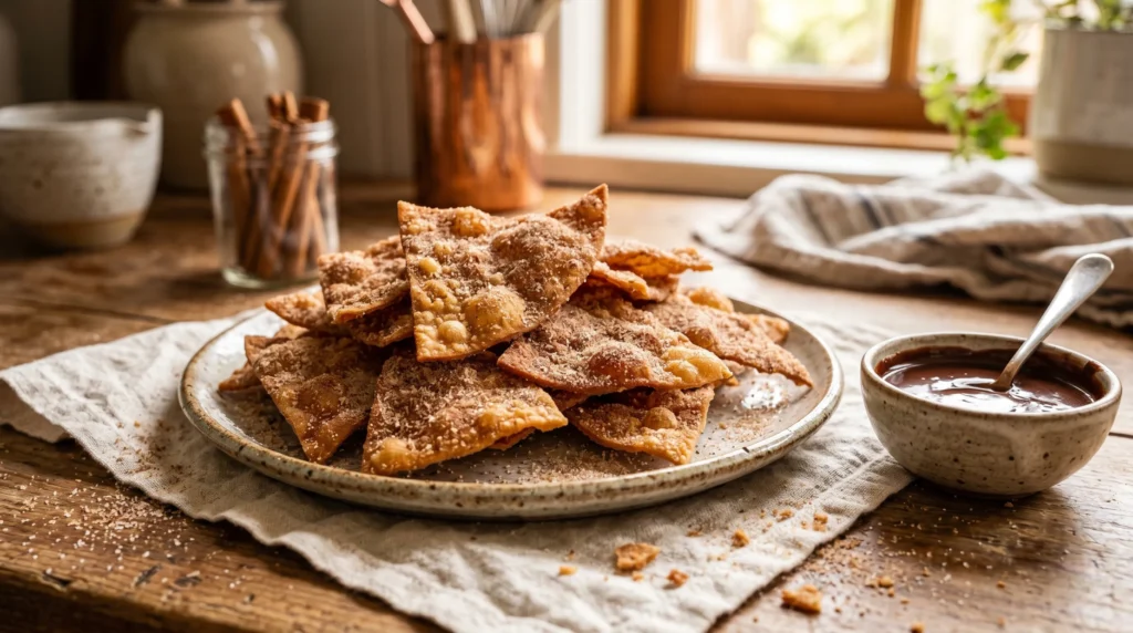 Cinnamon sugar tortilla crisps on plate with dipping sauce
